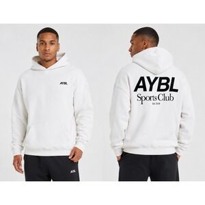 AYBL Sports Club Hoodie XL White Oversized Fleece Lined Pullover Sweatshirt